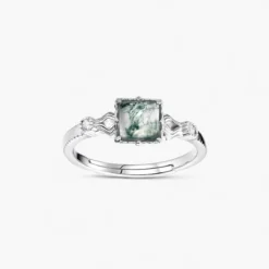 Square Moss Agate Silver Ring