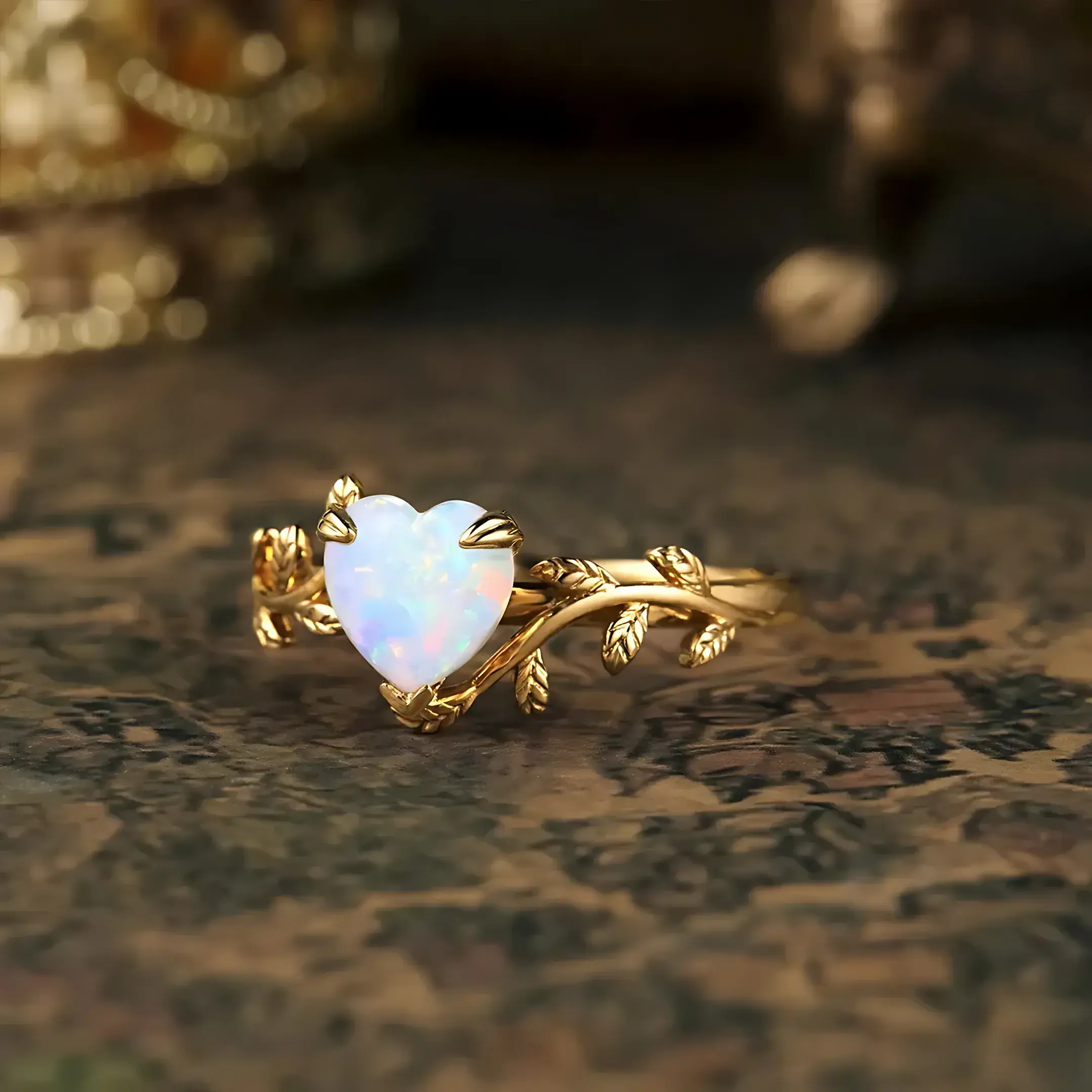 Nature-Inspired Flower Branch Heart Opal Ring - Image 3