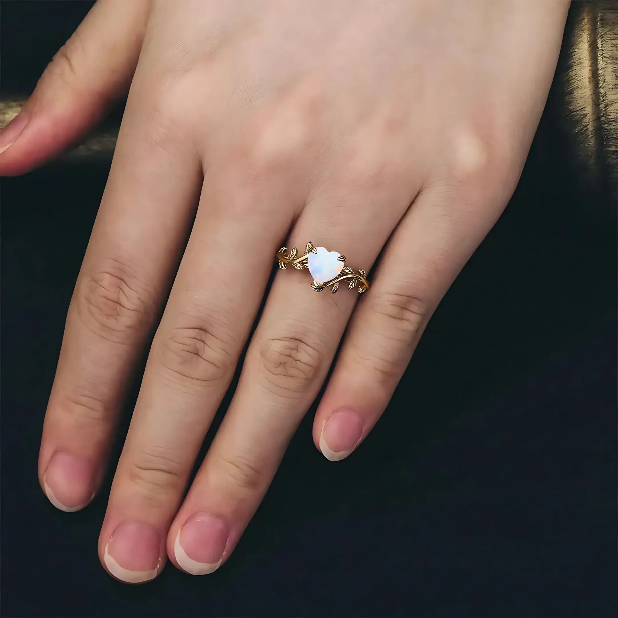 Nature-Inspired Flower Branch Heart Opal Ring - Image 2