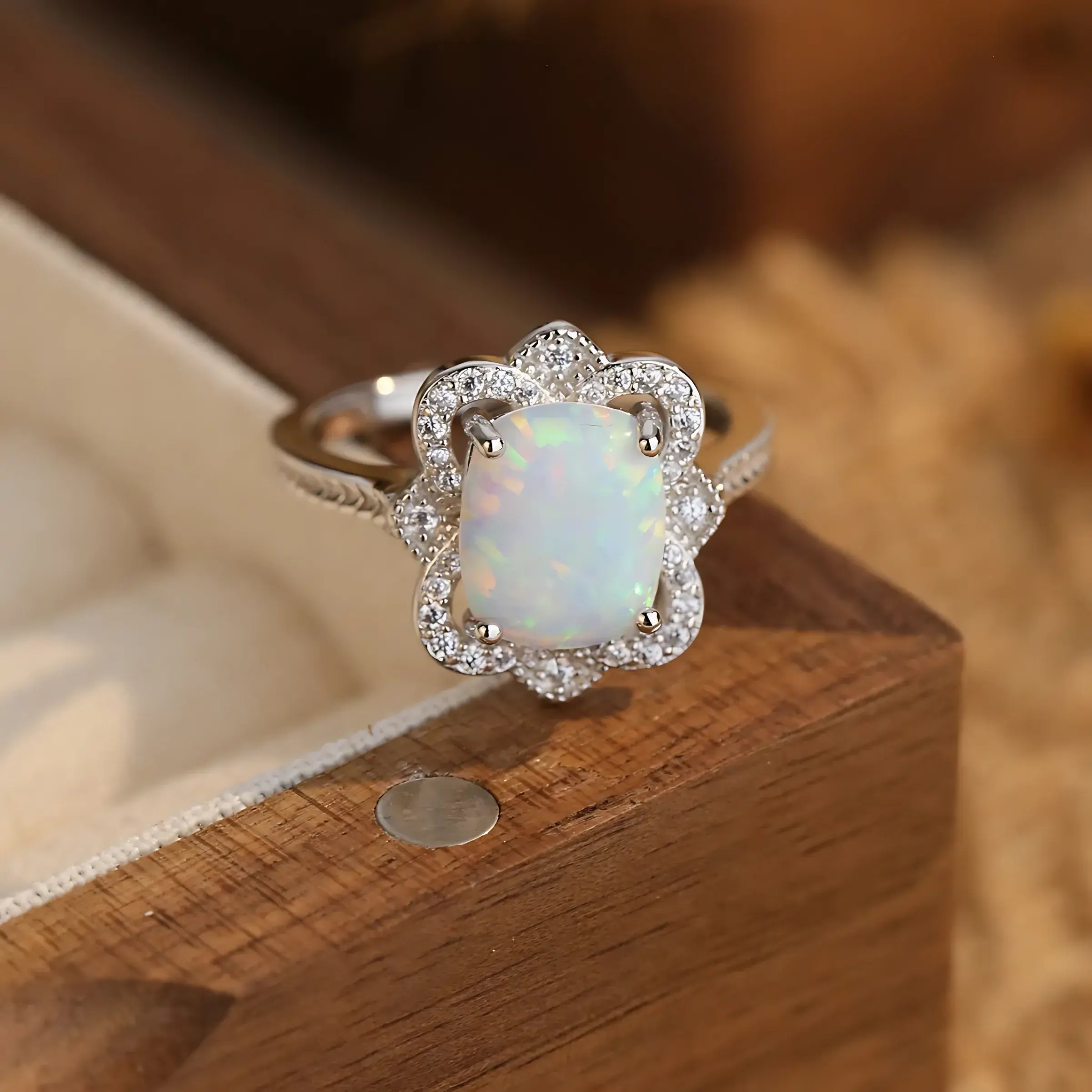 Romantic Vintage Opal Silver Halo Ring - Image 3