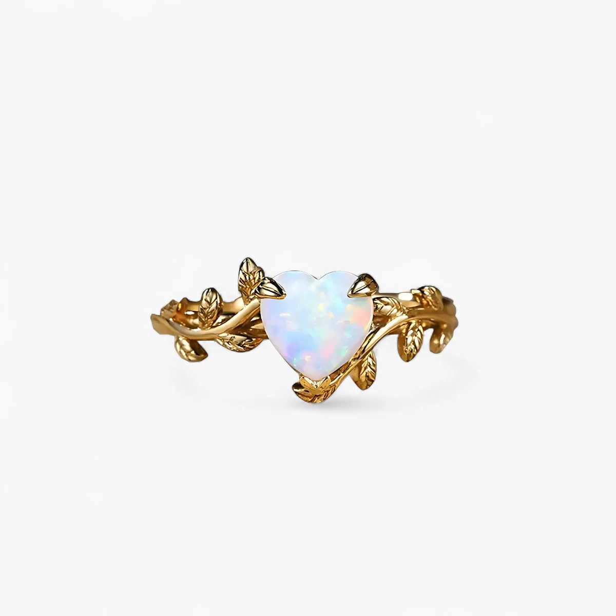 Nature-Inspired Flower Branch Heart Opal Ring