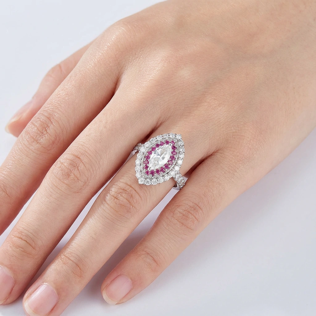 1ct Marquise Moissanite Halo Ring - Image 3