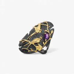 Black Bird and Flower Gemstone Ring