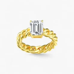 3ct Emerald Cut Moissanite Cuban Woven Ring