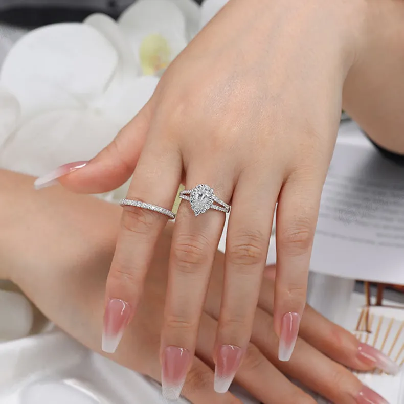 1ct Pear Moissanite Halo Split Shank Pave Ring - Image 2