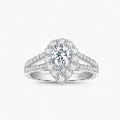 1ct Pear Moissanite Halo Split Shank Pave Ring
