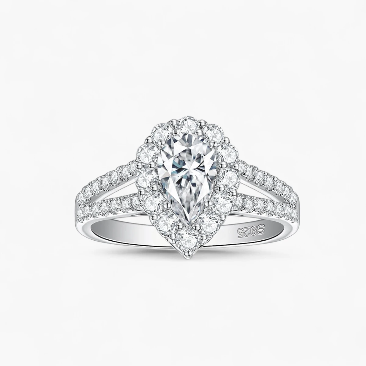 1ct Pear Moissanite Halo Split Shank Pave Ring