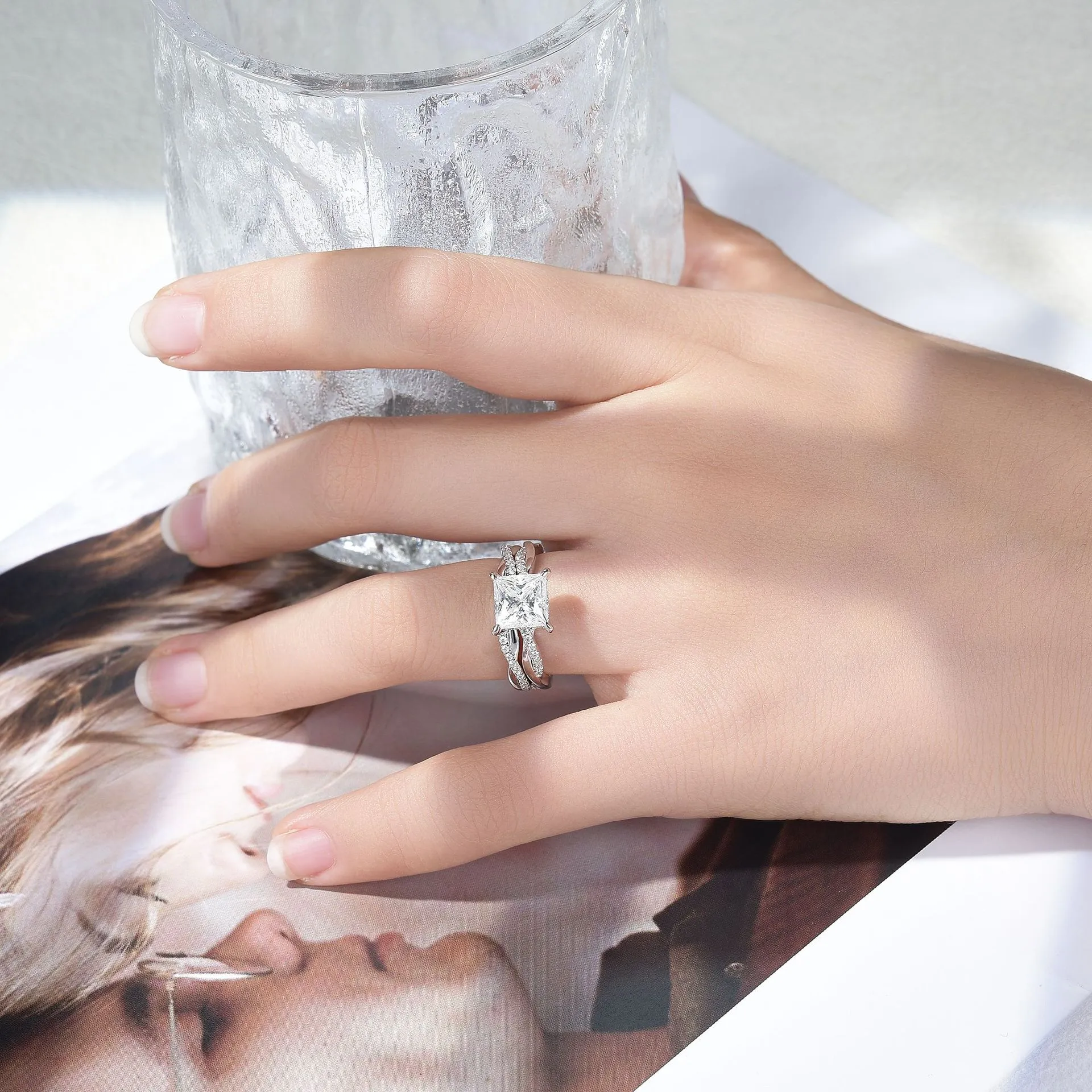 2ct Princess Cut Moissanite Twist Side Stone Ring - Image 4